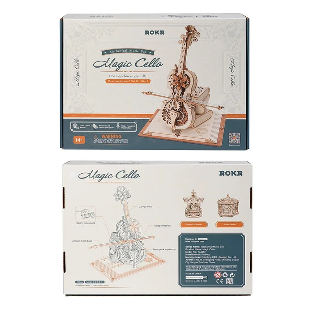 Robotime ROKR AMK63 Magisches Cello: 3D-Holzpuzzle &amp; mechanische Spieluhr-bewegliches Stängel-, Kreativ-und Spaß spielzeug für Kinder und Mädchen