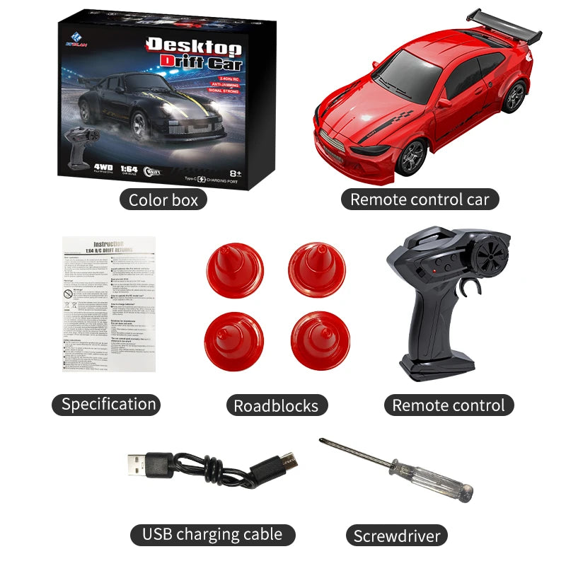 Voiture Télécommandée Drift 1:64 Mini RC 4WD Avec Lumières - 2.4GHz Chargement Type-C - Voiture De Course Jouet