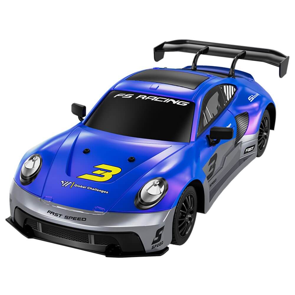 Blue Porsche KF28  GT3 RS style RC racing car side view with Global Challenges livery number 3