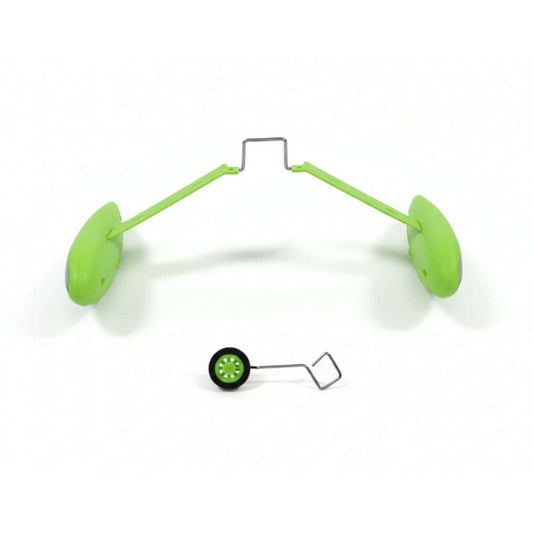 Complete landing gear assembly for Wltoys A310 Beech D17S featuring green wheel pants and stainless steel struts.