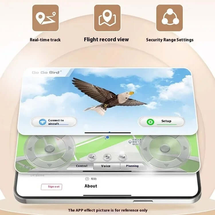 Go Go Bird 1050 bionic flapping-wing intelligent aircraft flying over desert with brand logo