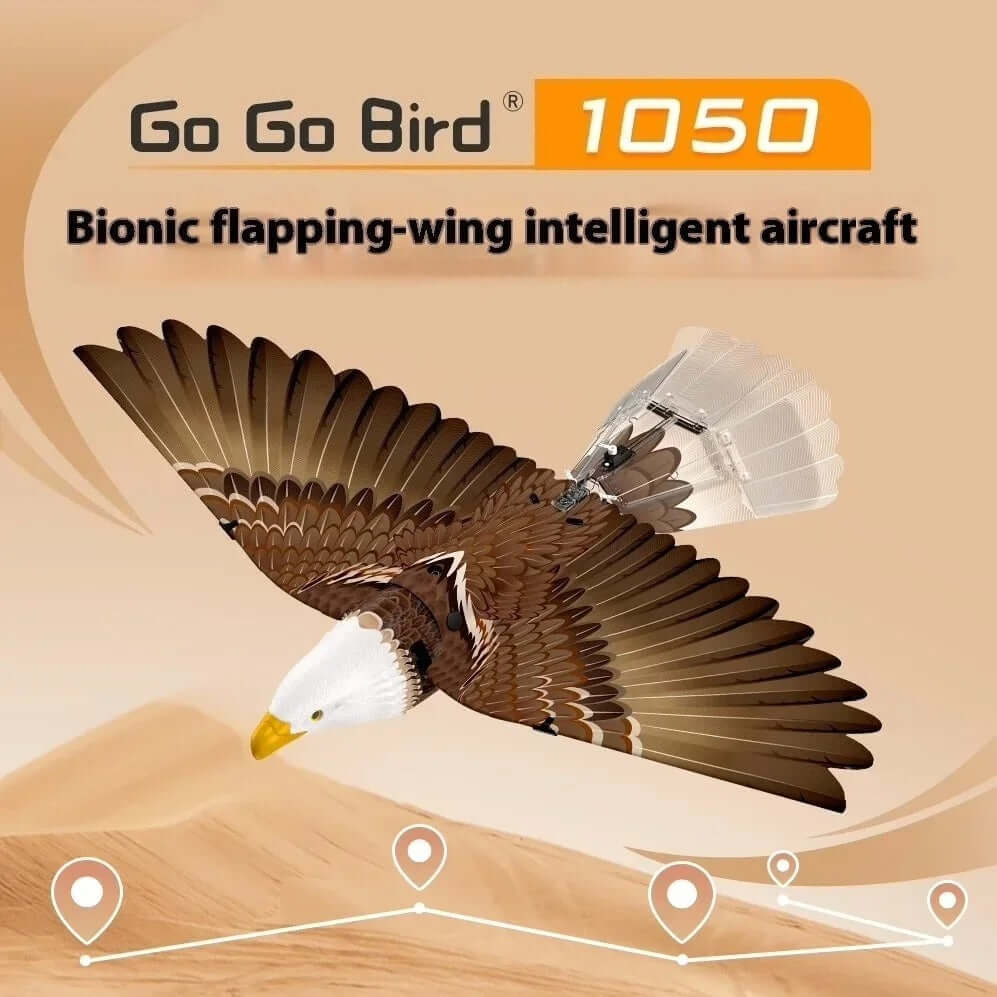 Go Go Bird 1050 realistic bionic RC eagle with detailed brown wings and white head in mid-flight