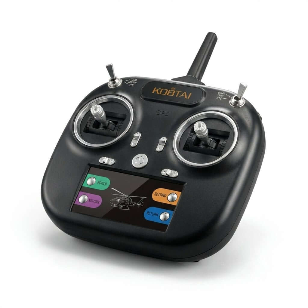 Kootai F05 Black Hawk 6-channel 2.4GHz RC helicopter remote controller transmitter with LCD color screen and dual joysticks.