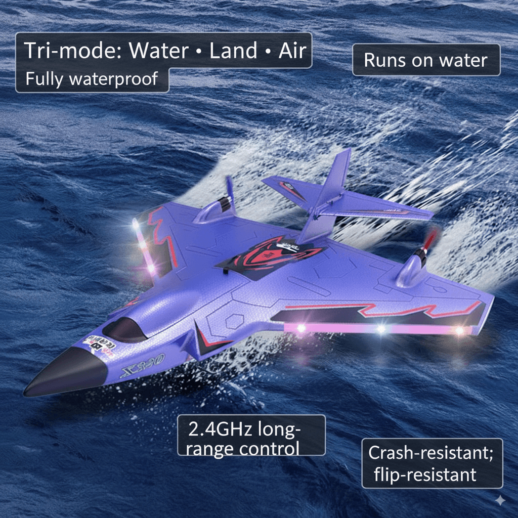 X320 Sea-Land-Air RC Glider EPP Foam Plane with LED Lights – Long Flight Time on water with tri-mode capabilities.