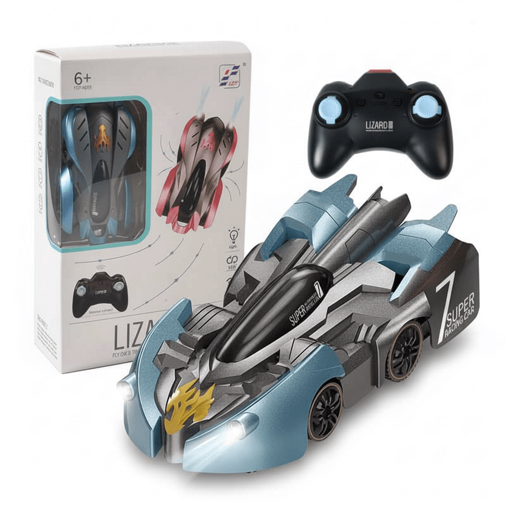 2.4G Anti-Gravity Wall Climbing RC Car - Electric 360 Rotating Stunt Car Toy with controller and packaging.