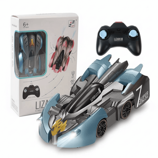 2.4G Anti-Gravity Wall Climbing RC Car - Electric 360 Rotating Stunt Car Toy with controller and packaging.