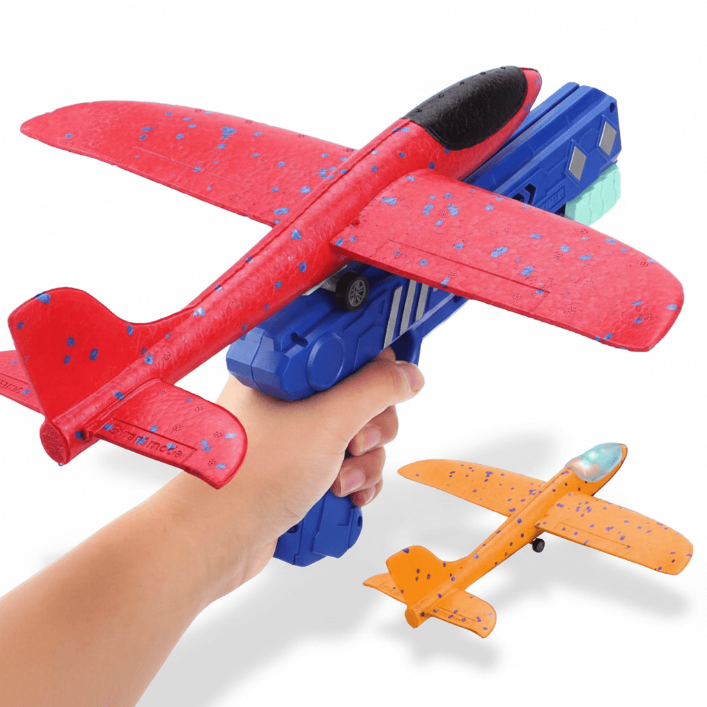 Foam Airplane Toy – Fun Outdoor Throwing Glider for Boys and Girls with a red foam plane launcher.