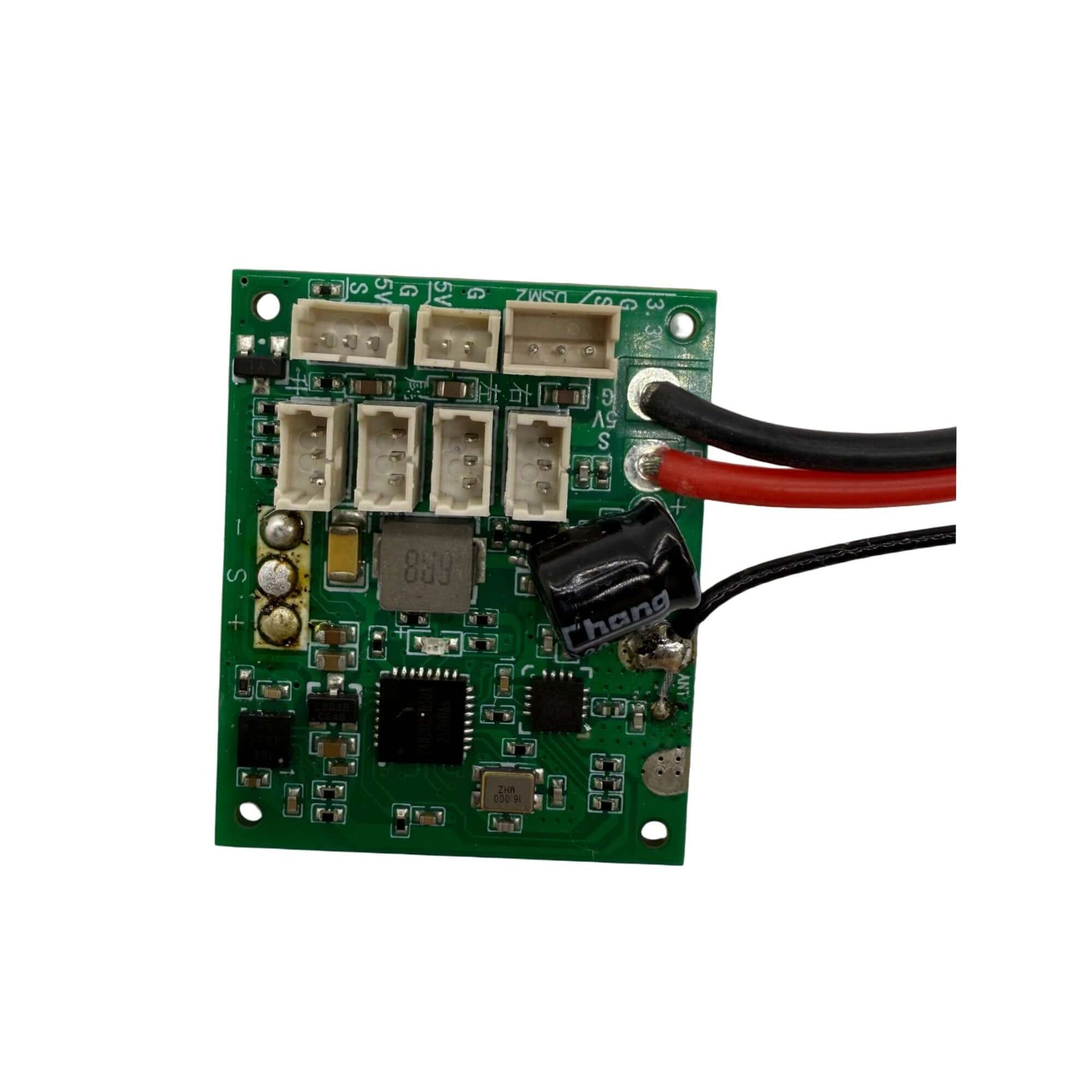 MOFLY P-51D and MF-A84 690mm RC Warbird 4-channel receiver board with gyro stabilization and servo ports.