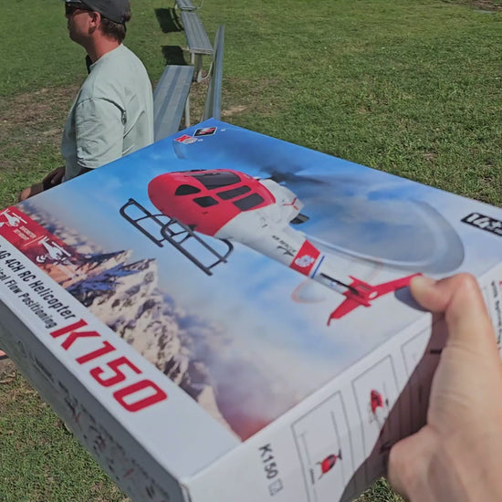WLtoys XK K150 AS350 RC helicopter product close-up and outdoor demonstration by Mitch Cooper