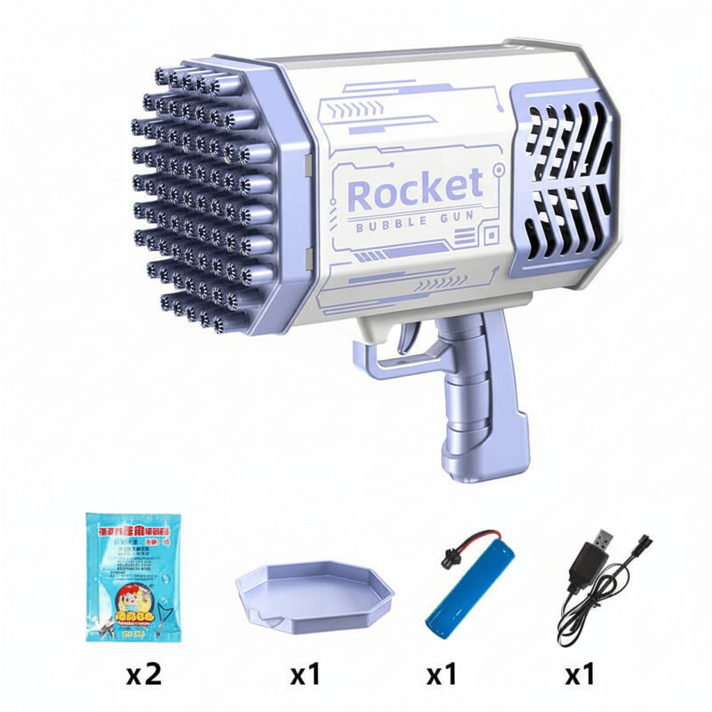 69-Hole Bubble Gun Rocket - Automatic Blower with Lights for Kids | Perfect Gift - Includes accessories and bubble solution.