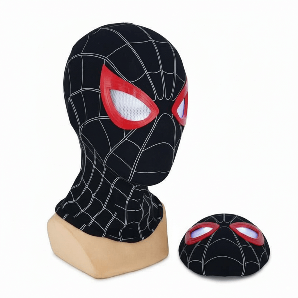 Spider-Man Electronic Mask, Moving Eyes, 1:1 RC Cosplay Helmet for Kids & Adults displayed on a mannequin and stand.
