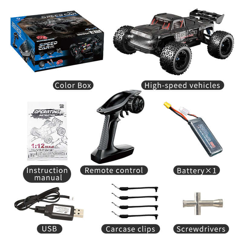 KF16 brushless off-road monster truck three-quarter view black camo body with red LED lights and huge tread tires