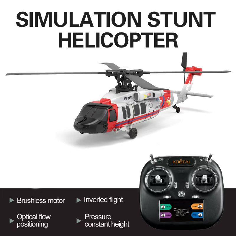 Kootai F05 Black Hawk 4CH brushless RC helicopter (Rescue White/Red) with remote — optical flow positioning, altitude hold, inverted flight