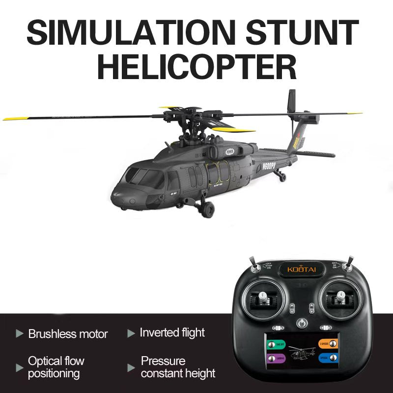 Kootai F05 Black Hawk 4CH brushless RC helicopter (Stealth Gray/Black) with remote — optical flow positioning, altitude hold, inverted flight