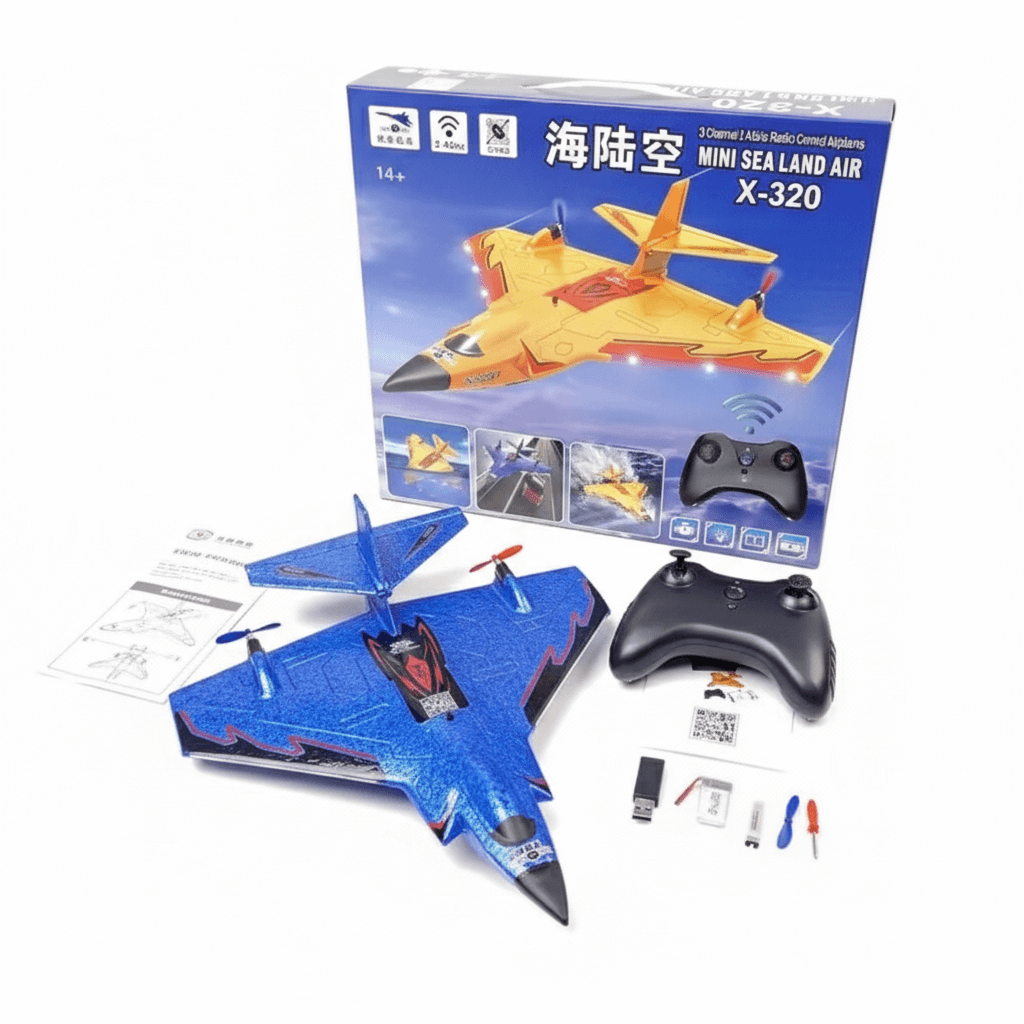 X320 Sea-Land-Air RC Glider EPP Foam Plane with LED Lights – Long Flight Time and accessories kit.