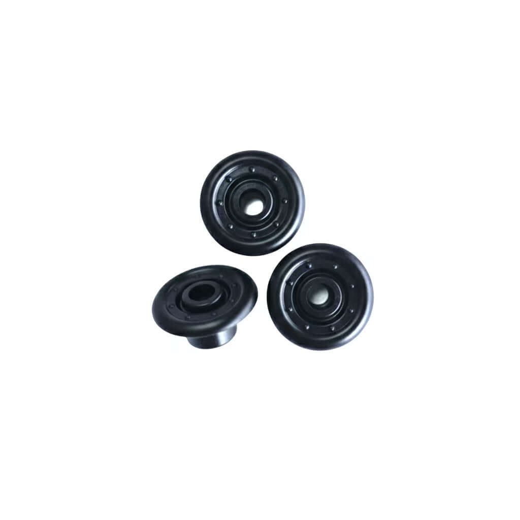 Small black scale landing gear wheels for WLtoys K170 UH-60L Black Hawk RC helicopter.