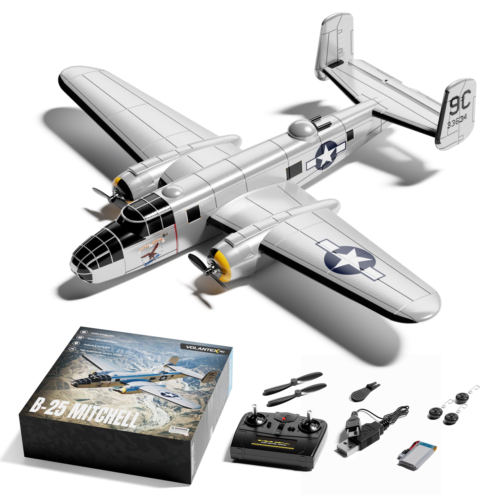 VolantexRC 76210 B-25 Mitchell RC plane with one-battery package contents
