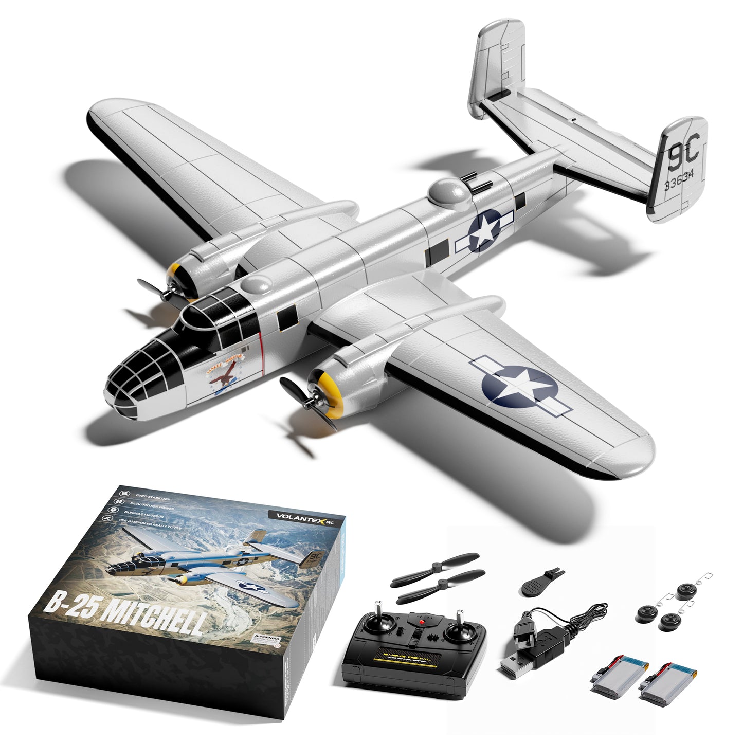 VolantexRC 76210 B-25 Mitchell RC plane with two-battery package contents