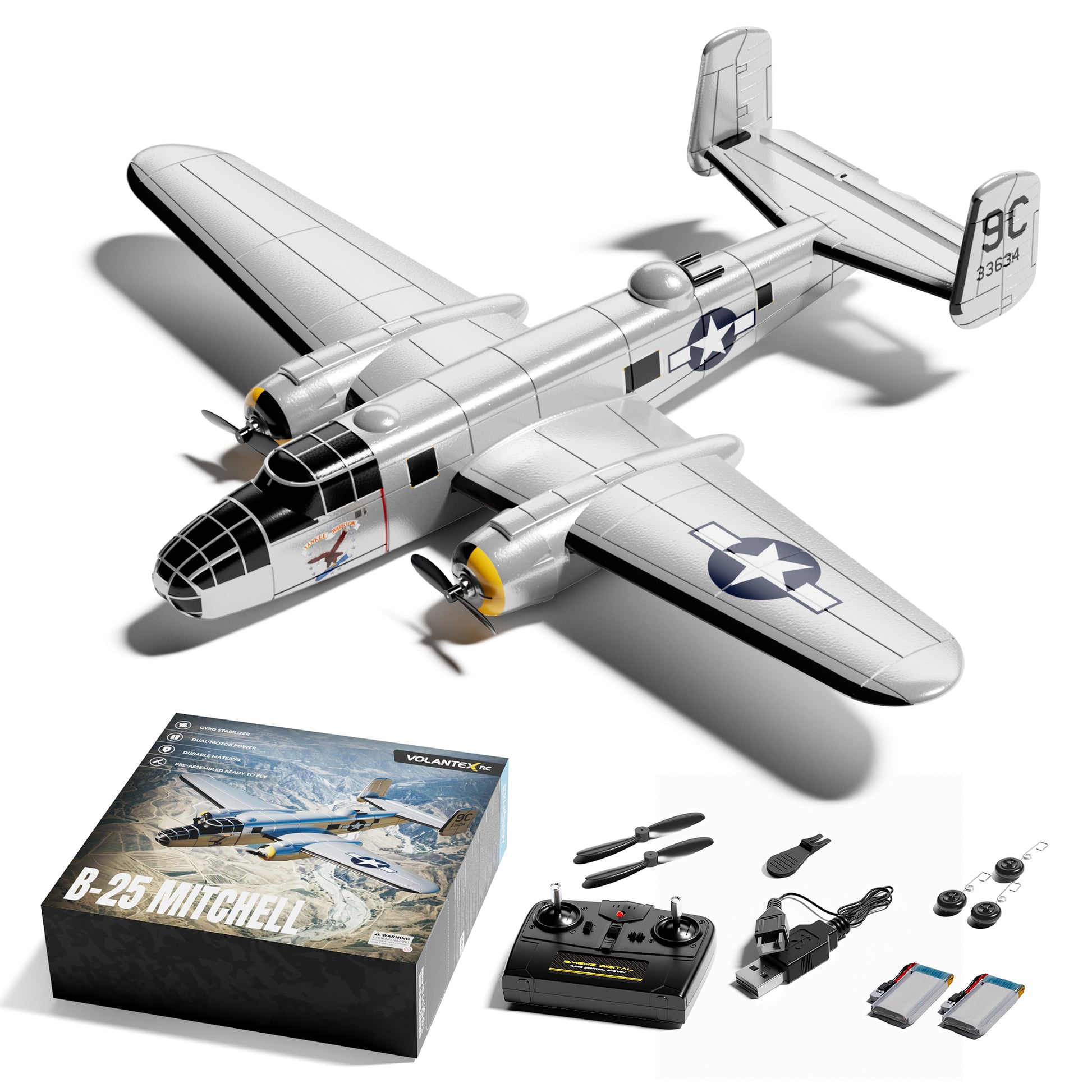 VolantexRC 76210 B-25 Mitchell RC plane with two-battery package contents