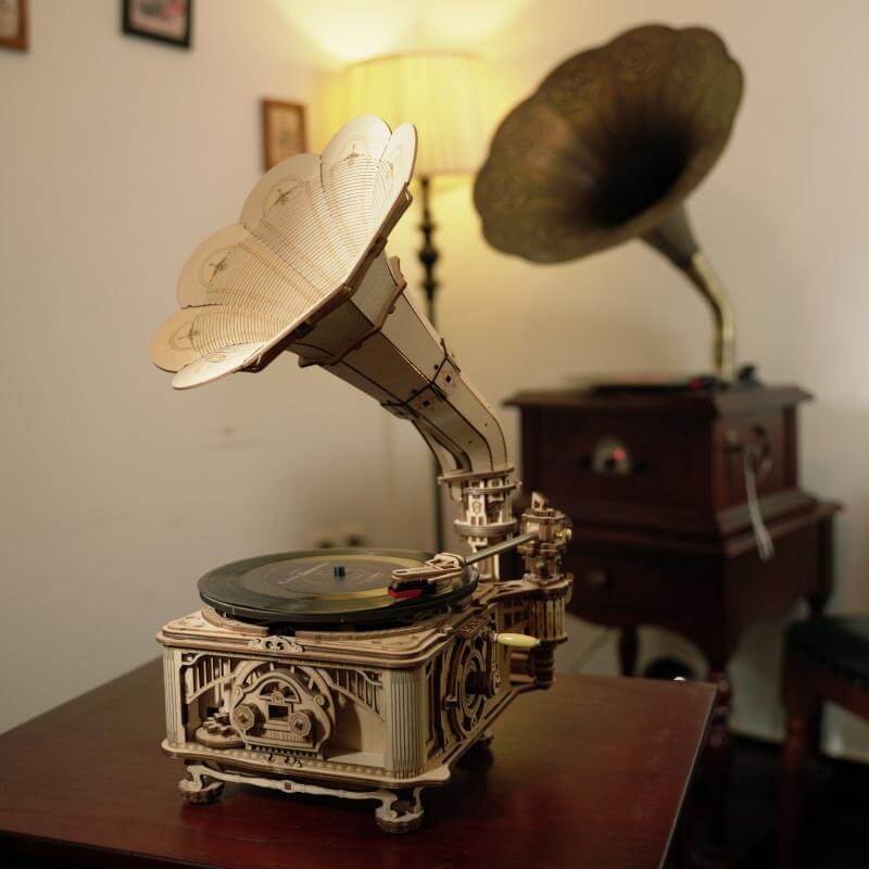 Kit gramofon klasik Crank | Kidstoylover-mainan rakitan kayu DIY
