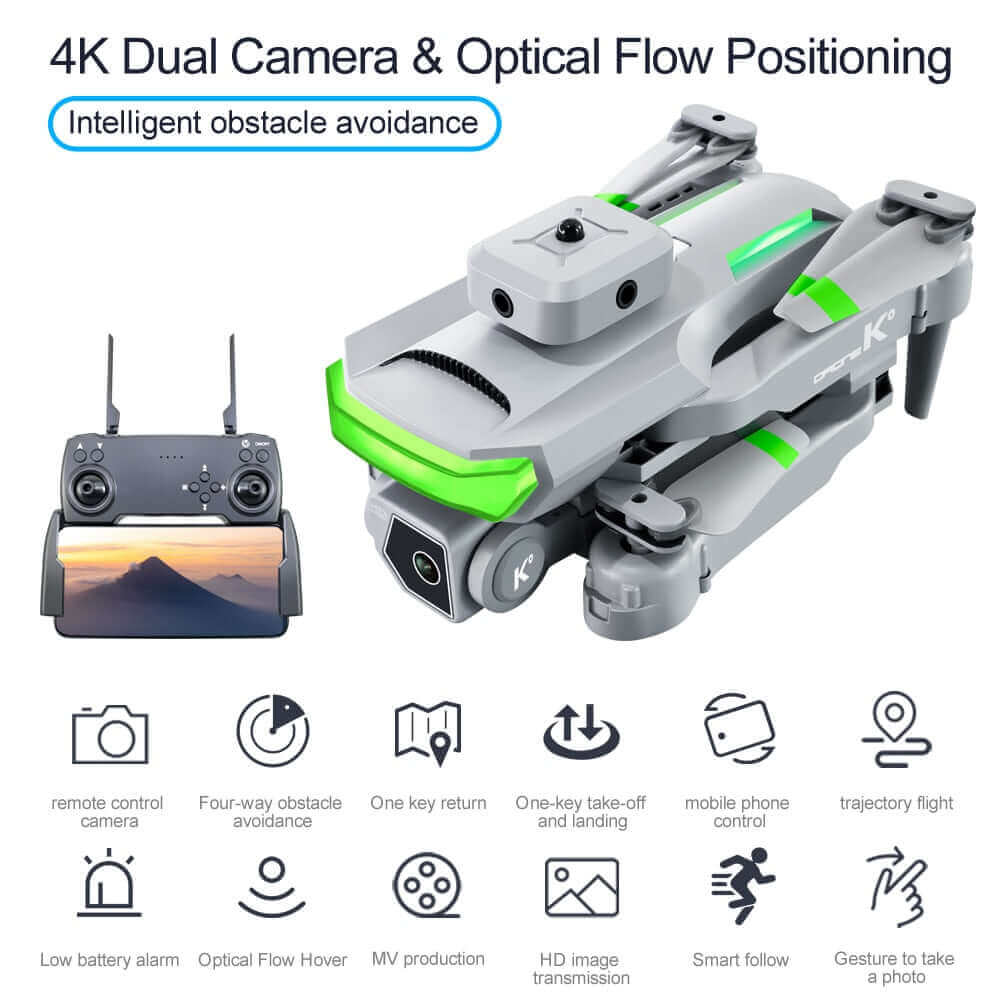 Drone de fotografia aérea 4K de lente dupla K-HD - brinquedo quadricóptero RC de posicionamento de fluxo óptico