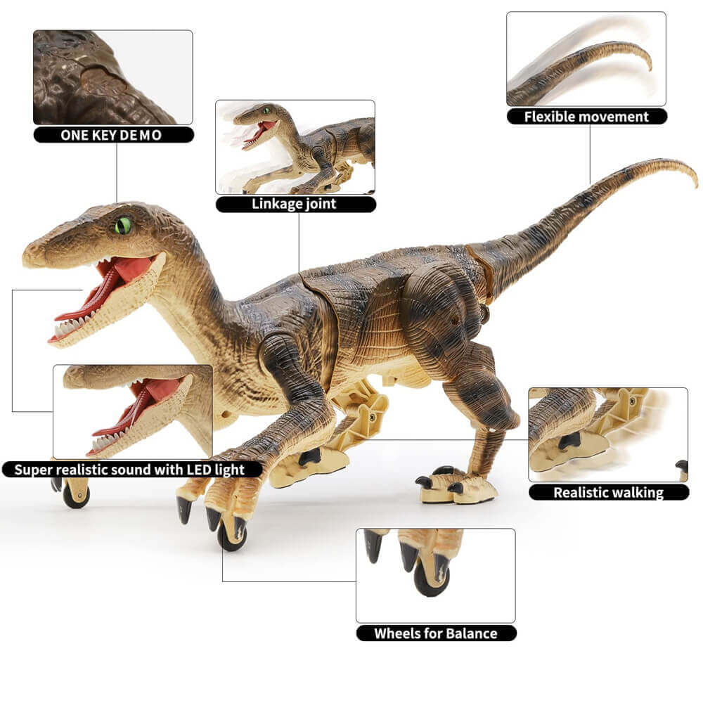 Experimenta la emoción de la Era Jurásica con el juguete de dinosaurio Velociraptor de control remoto con luz LED y sonido rugiente