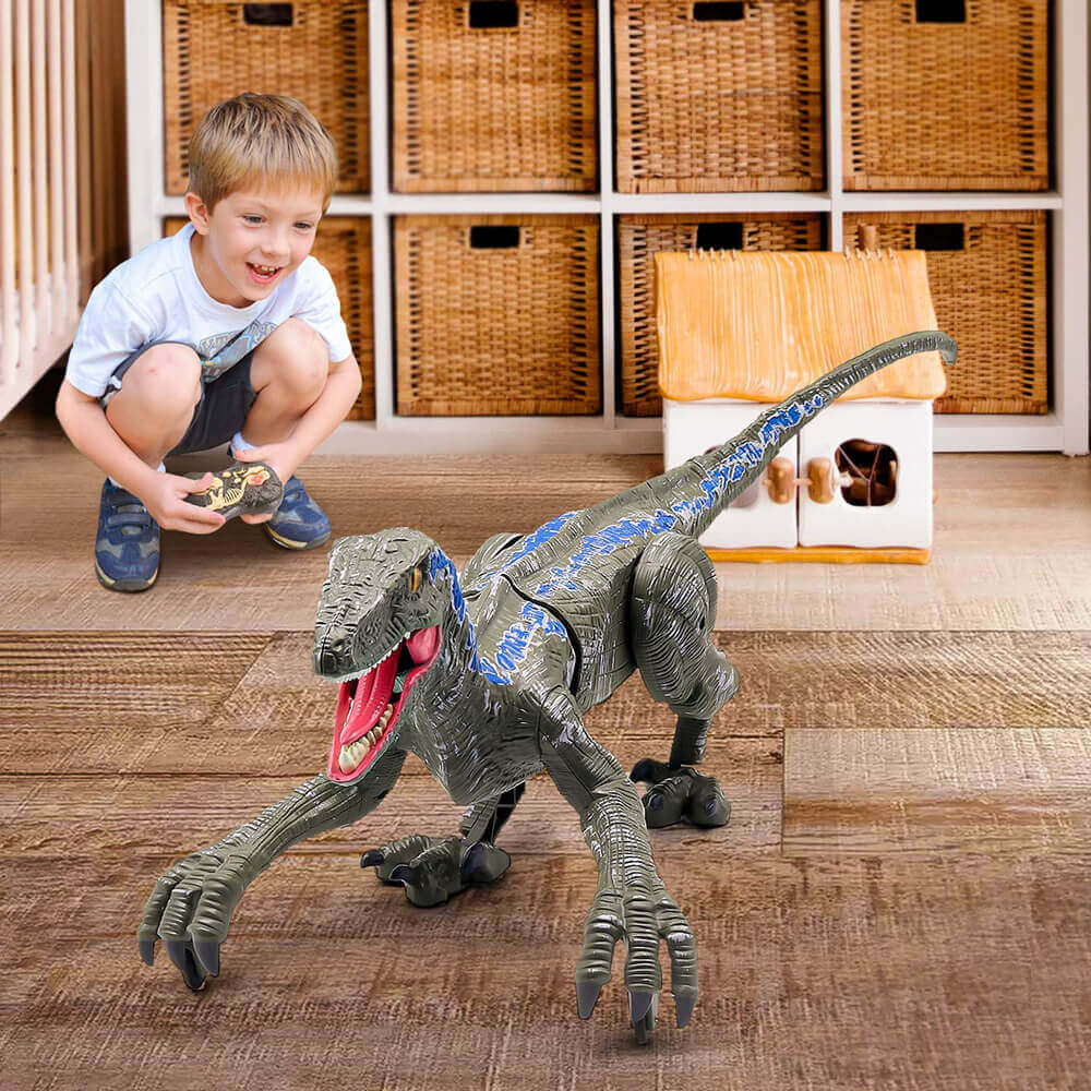 Erleben Sie den Nervenkitzel der Jurassic-Ära mit dem ferngesteuerten Velociraptor-Dinosaurierspielzeug mit LED-Licht und brüllenden Geräuschen