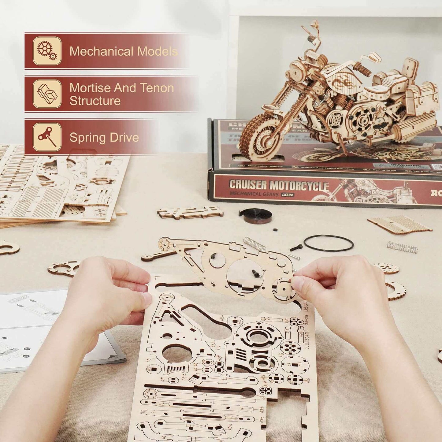 Robotime Rokr LK504 Cruiser Motorcycle DIY Assembly Toy: 420-Piece Wooden Model Building Kit - Ideal Gift for Adults and Children