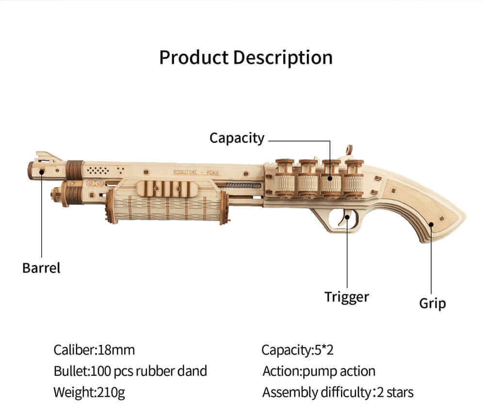Robotime DIY Rubber Band Bullet Revolver: Un kit de construction de modèle en bois de Robotime-Un cadeau de jouet d'assemblage amusant et engageant pour enfants et adultes